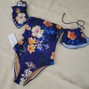 NWT Blue Floral One Piece Swim Suit Women's Size Medium By Ochie